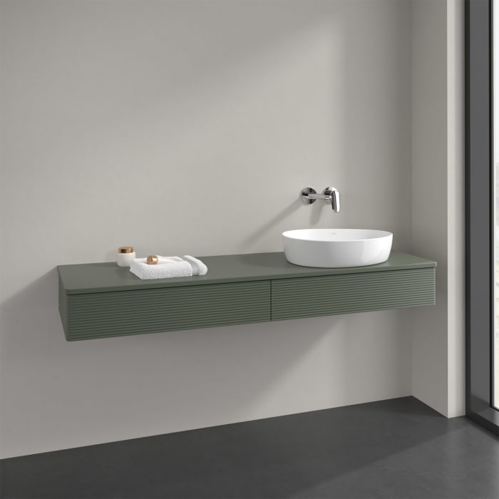 Villeroy & Boch Antao Waschbeckenunterschrank, 160 x 19 cm, 2 Auszüge mit LED-Licht, Front mit Struktur, mit Hahnloch, für Waschtisch rechts