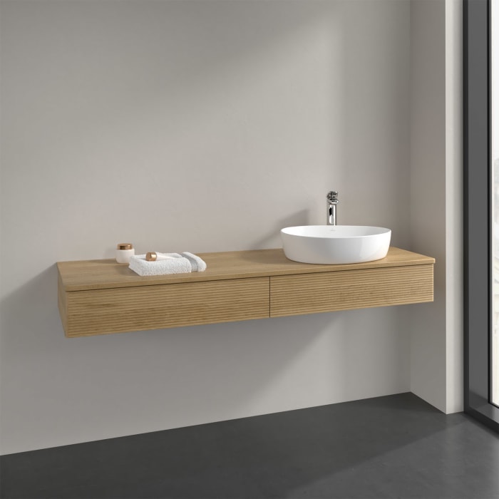 Villeroy & Boch Antao Waschbeckenunterschrank, 160 x 19 cm, 2 Auszüge mit LED-Licht, Front mit Struktur, mit Hahnloch, für Waschtisch rechts