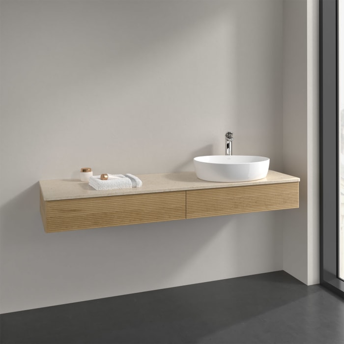Villeroy & Boch Antao Waschbeckenunterschrank, 160 x 19 cm, 2 Auszüge mit LED-Licht, Front mit Struktur, mit Hahnloch, für Waschtisch rechts