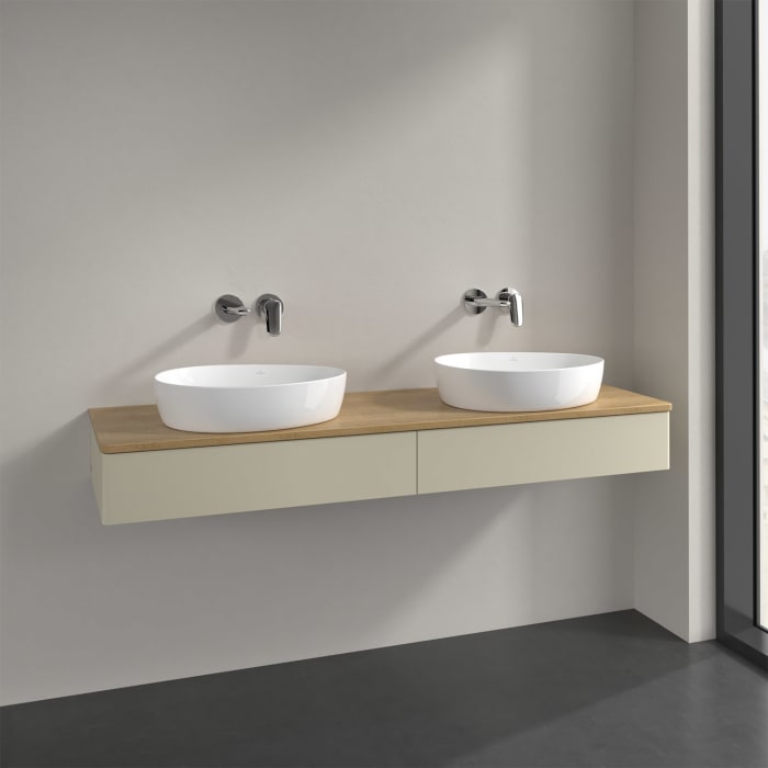 Villeroy & Boch Antao Waschbeckenunterschrank, 160 x 19 cm, 2 Auszüge mit LED-Licht, Front ohne Struktur, ohne Hahnloch, für Waschtisch links und rech