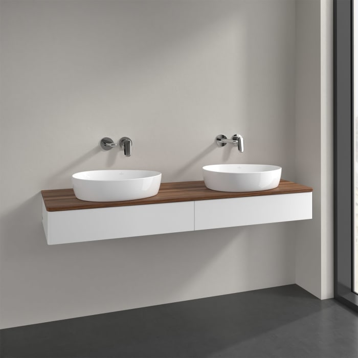 Villeroy & Boch Antao Waschbeckenunterschrank, 160 x 19 cm, 2 Auszüge mit LED-Licht, Front ohne Struktur, ohne Hahnloch, für Waschtisch links und rech