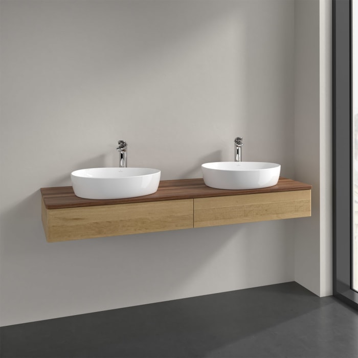 Villeroy & Boch Antao Waschbeckenunterschrank, 160 x 19 cm, 2 Auszüge mit LED-Licht, Front ohne Struktur, mit Hahnloch, für Waschtisch links und recht