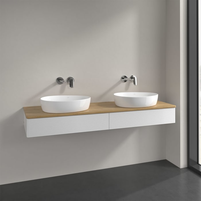 Villeroy & Boch Antao Waschbeckenunterschrank, 160 x 19 cm, 2 Auszüge mit LED-Licht, Front mit Struktur, ohne Hahnloch, für Waschtisch links und recht