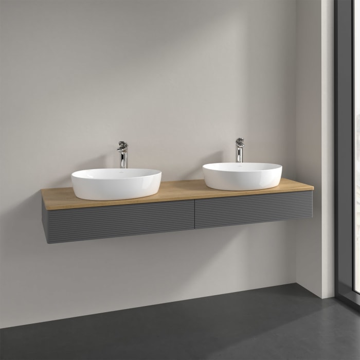 Villeroy & Boch Antao Waschbeckenunterschrank, 160 x 19 cm, 2 Auszüge mit LED-Licht, Front mit Struktur, mit Hahnloch, für Waschtisch links und rechts