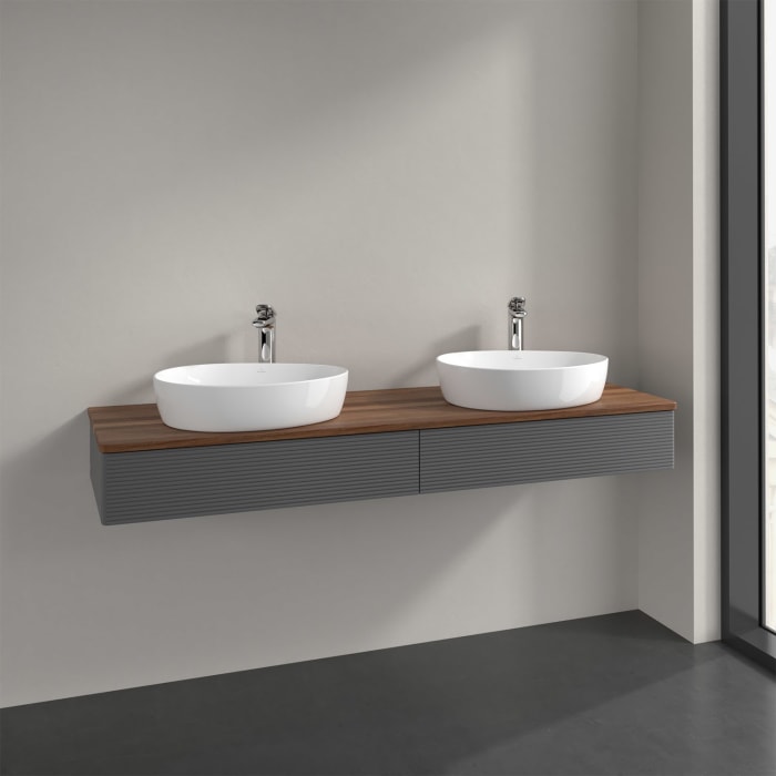 Villeroy & Boch Antao Waschbeckenunterschrank, 160 x 19 cm, 2 Auszüge mit LED-Licht, Front mit Struktur, mit Hahnloch, für Waschtisch links und rechts