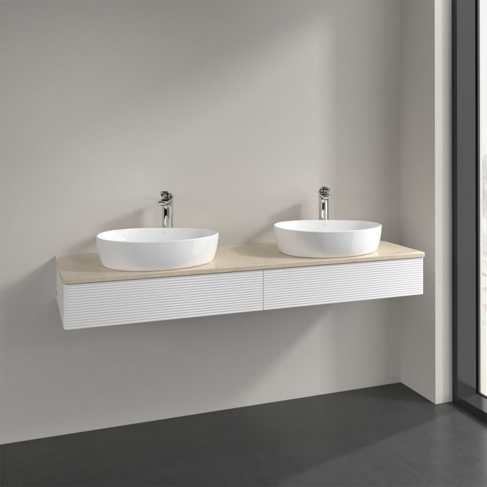 Villeroy & Boch Antao Waschbeckenunterschrank, 160 x 19 cm, 2 Auszüge mit LED-Licht, Front mit Struktur, mit Hahnloch, für Waschtisch links und rechts