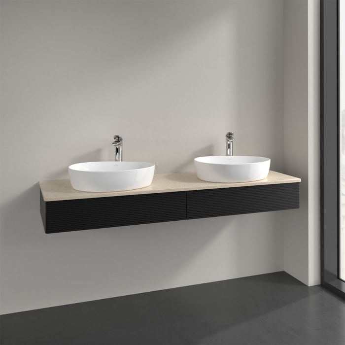 Villeroy & Boch Antao Waschbeckenunterschrank, 160 x 19 cm, 2 Auszüge mit LED-Licht, Front mit Struktur, mit Hahnloch, für Waschtisch links und rechts