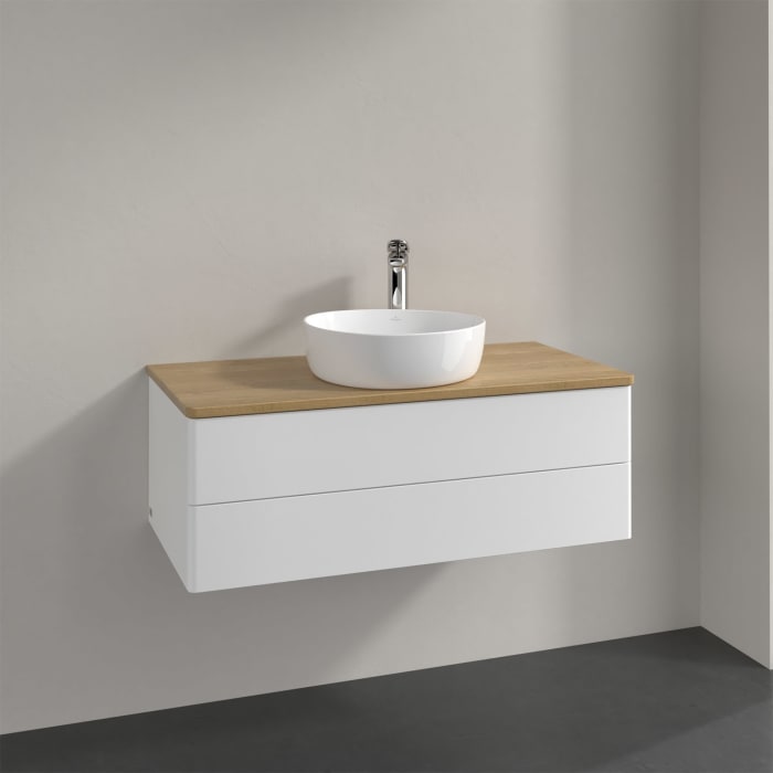 Villeroy & Boch Antao Waschbeckenunterschrank, 100 x 36 cm, 2 Auszüge mit LED-Licht, Front ohne Struktur, mit Hahnloch