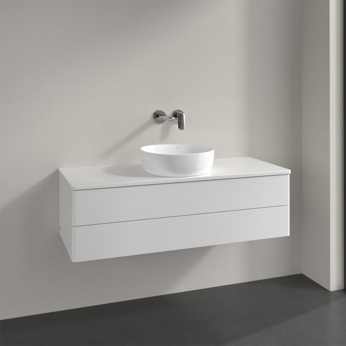 Villeroy & Boch Antao Waschbeckenunterschrank, 120 x 36 cm, 2 Auszüge mit LED-Licht, Front ohne Struktur, ohne Hahnloch, für Waschtisch mittig