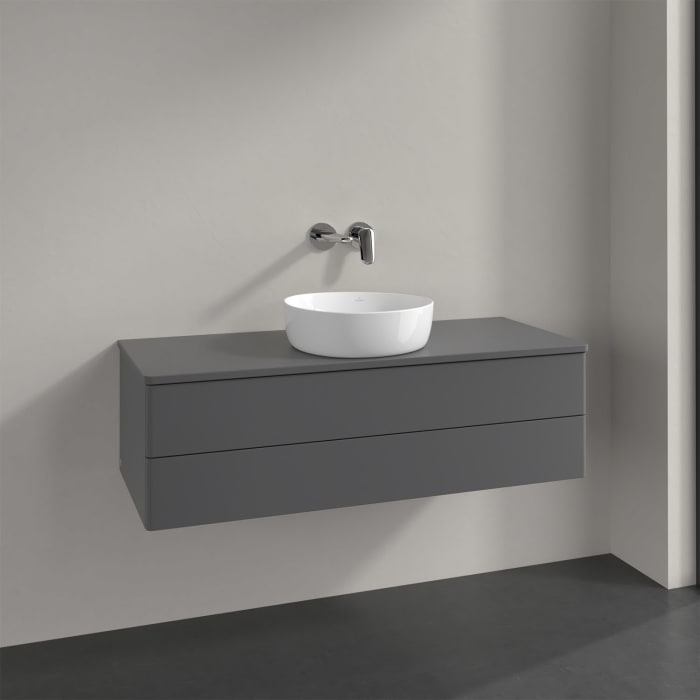 Villeroy & Boch Antao Waschbeckenunterschrank, 120 x 36 cm, 2 Auszüge mit LED-Licht, Front ohne Struktur, ohne Hahnloch, für Waschtisch mittig