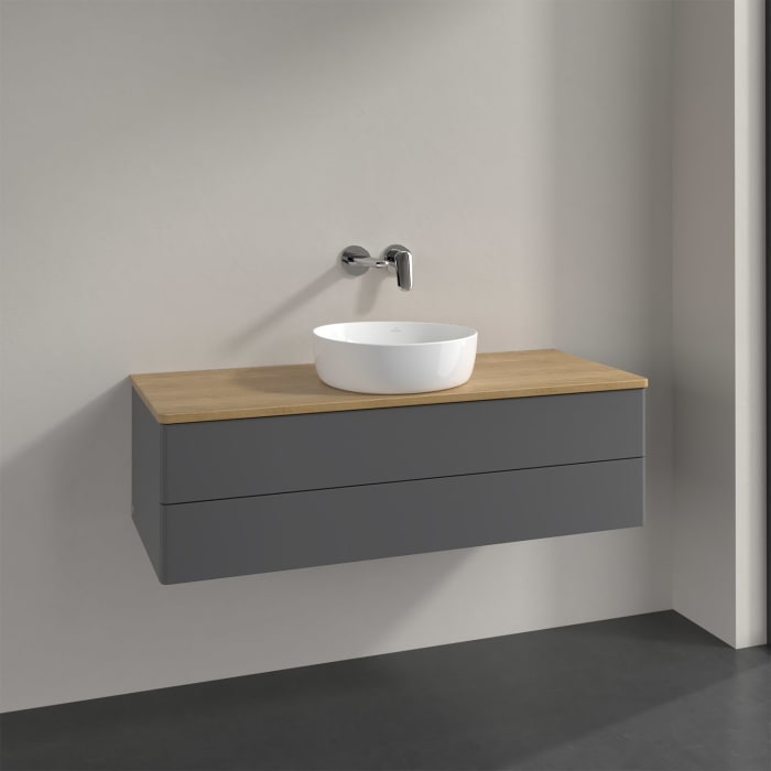 Villeroy & Boch Antao Waschbeckenunterschrank, 120 x 36 cm, 2 Auszüge mit LED-Licht, Front ohne Struktur, ohne Hahnloch, für Waschtisch mittig
