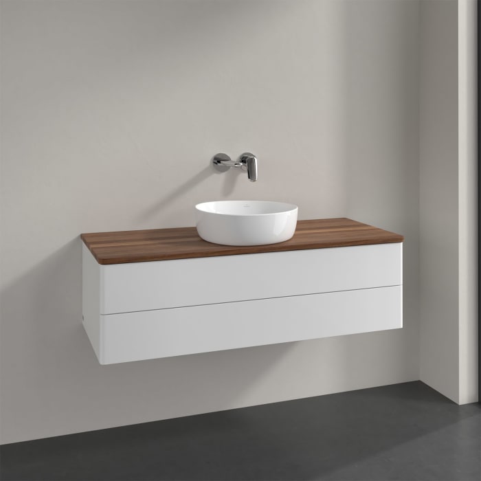 Villeroy & Boch Antao Waschbeckenunterschrank, 120 x 36 cm, 2 Auszüge mit LED-Licht, Front ohne Struktur, ohne Hahnloch, für Waschtisch mittig