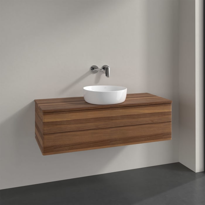 Villeroy & Boch Antao Waschbeckenunterschrank, 120 x 36 cm, 2 Auszüge mit LED-Licht, Front ohne Struktur, ohne Hahnloch, für Waschtisch mittig