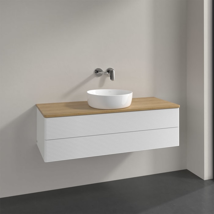 Villeroy & Boch Antao Waschbeckenunterschrank, 120 x 36 cm, 2 Auszüge mit LED-Licht, Front mit Struktur, ohne Hahnloch, für Waschtisch mittig