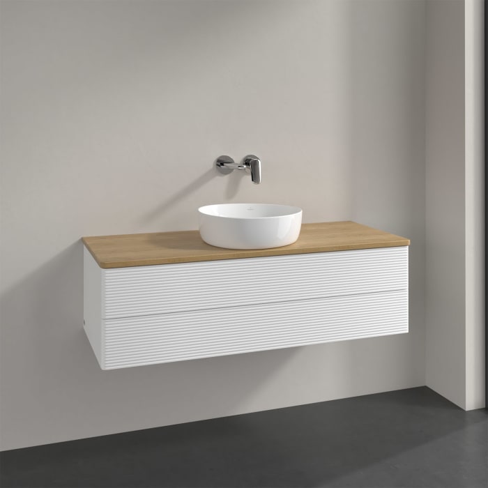 Villeroy & Boch Antao Waschbeckenunterschrank, 120 x 36 cm, 2 Auszüge mit LED-Licht, Front mit Struktur, ohne Hahnloch, für Waschtisch mittig
