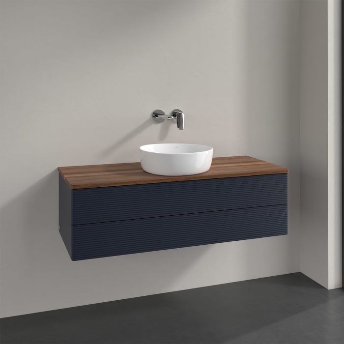 Villeroy & Boch Antao Waschbeckenunterschrank, 120 x 36 cm, 2 Auszüge mit LED-Licht, Front mit Struktur, ohne Hahnloch, für Waschtisch mittig