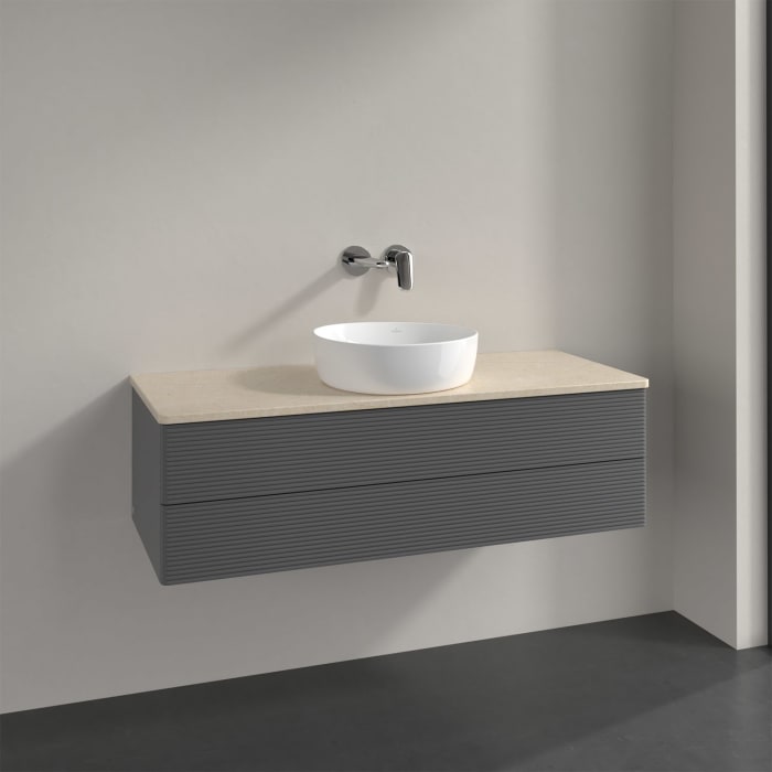 Villeroy & Boch Antao Waschbeckenunterschrank, 120 x 36 cm, 2 Auszüge mit LED-Licht, Front mit Struktur, ohne Hahnloch, für Waschtisch mittig