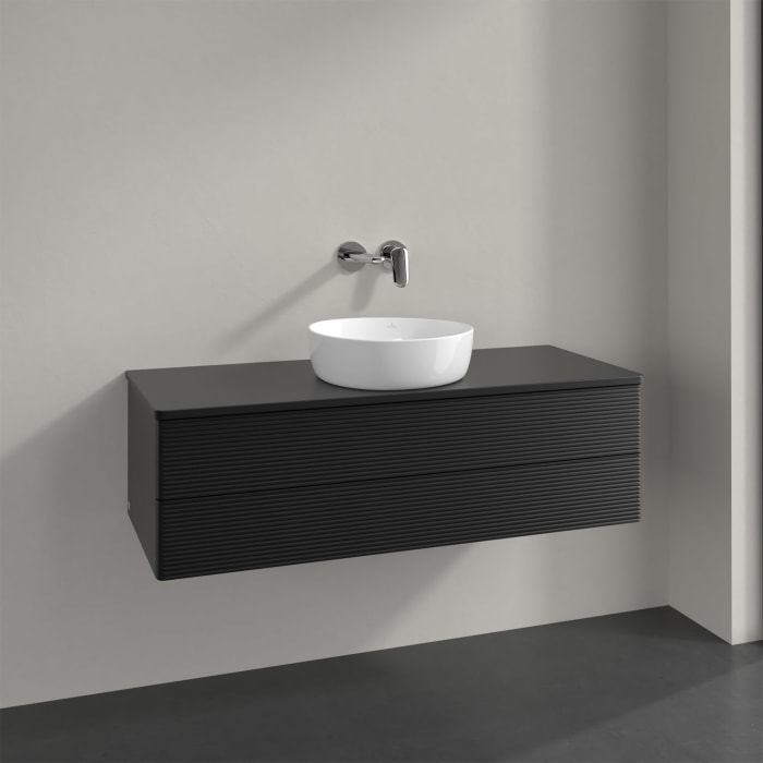 Villeroy & Boch Antao Waschbeckenunterschrank, 120 x 36 cm, 2 Auszüge mit LED-Licht, Front mit Struktur, mit Hahnloch, für Waschtisch mittig