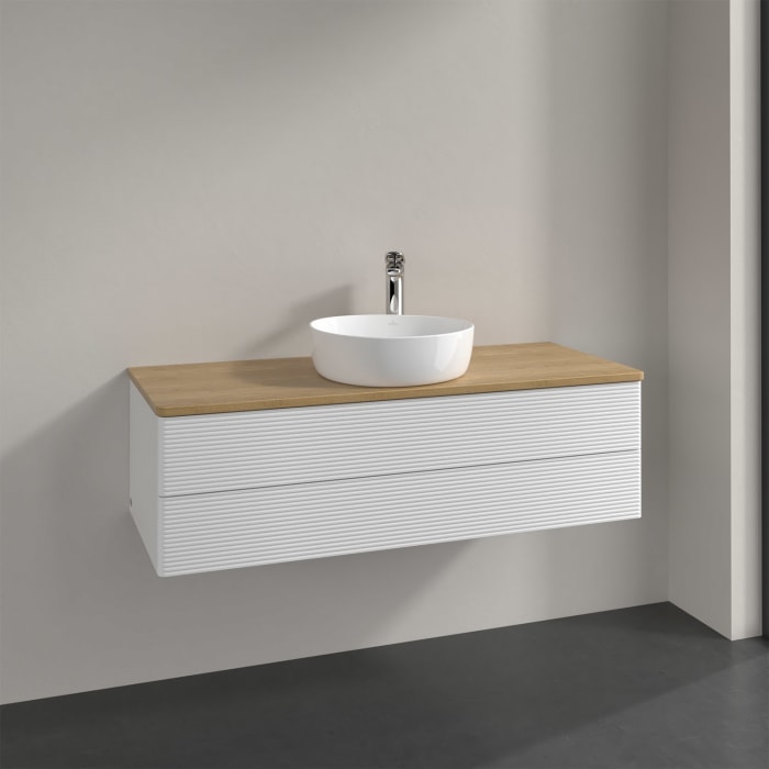 Villeroy & Boch Antao Waschbeckenunterschrank, 120 x 36 cm, 2 Auszüge mit LED-Licht, Front mit Struktur, mit Hahnloch, für Waschtisch mittig