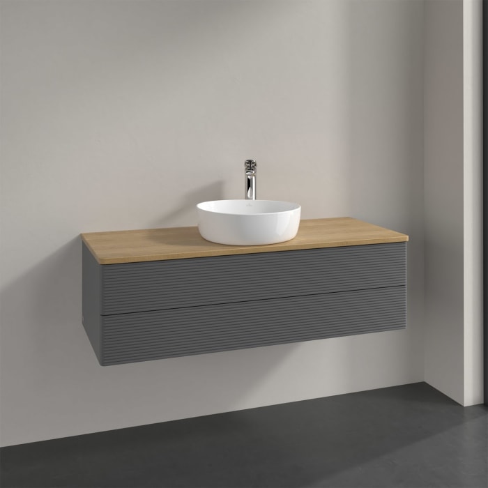Villeroy & Boch Antao Waschbeckenunterschrank, 120 x 36 cm, 2 Auszüge mit LED-Licht, Front mit Struktur, mit Hahnloch, für Waschtisch mittig