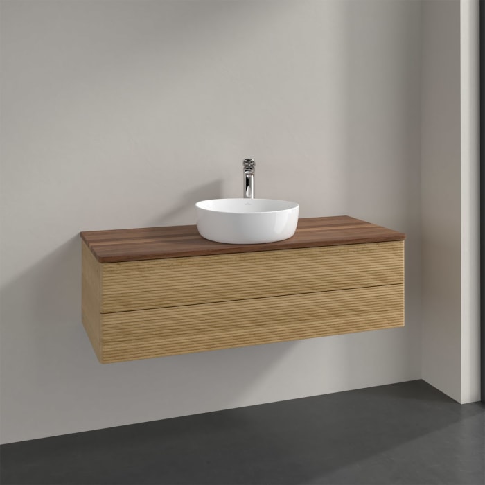 Villeroy & Boch Antao Waschbeckenunterschrank, 120 x 36 cm, 2 Auszüge mit LED-Licht, Front mit Struktur, mit Hahnloch, für Waschtisch mittig