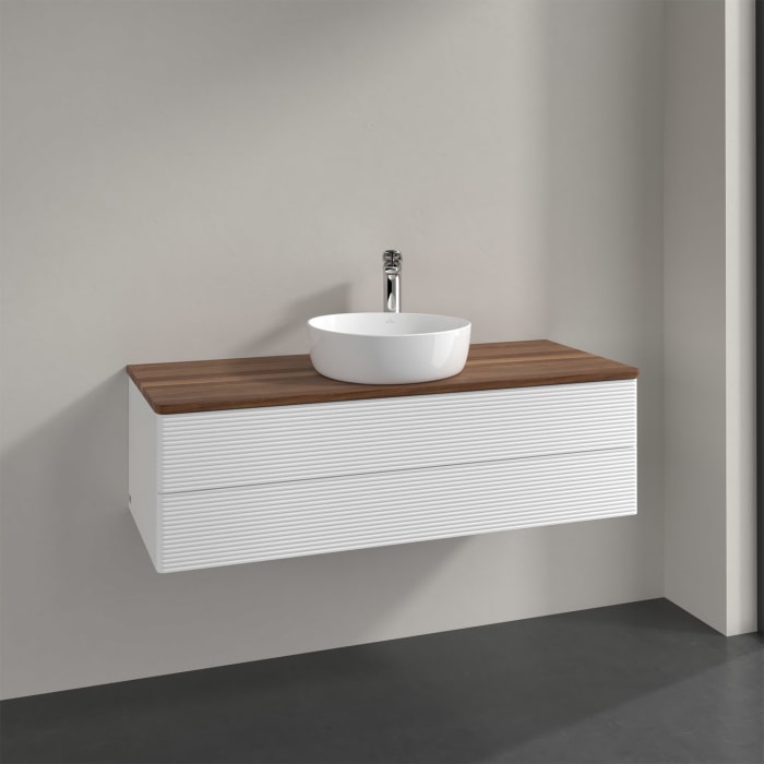 Villeroy & Boch Antao Waschbeckenunterschrank, 120 x 36 cm, 2 Auszüge mit LED-Licht, Front mit Struktur, mit Hahnloch, für Waschtisch mittig