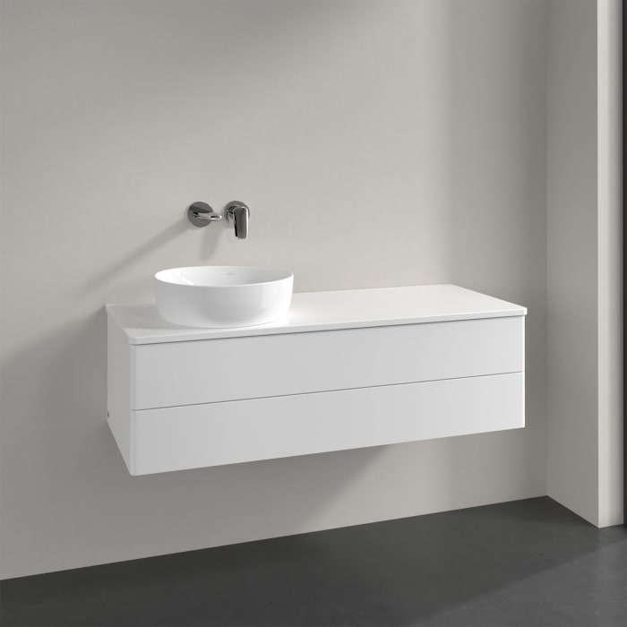Villeroy & Boch Antao Waschbeckenunterschrank, 120 x 36 cm, 2 Auszüge mit LED-Licht, Front ohne Struktur, ohne Hahnloch, für Waschtisch links