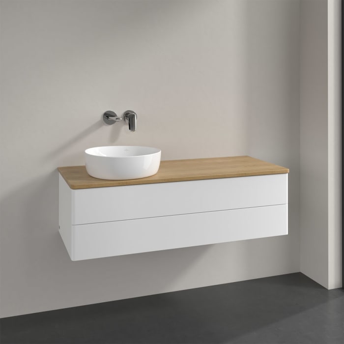 Villeroy & Boch Antao Waschbeckenunterschrank, 120 x 36 cm, 2 Auszüge mit LED-Licht, Front ohne Struktur, ohne Hahnloch, für Waschtisch links