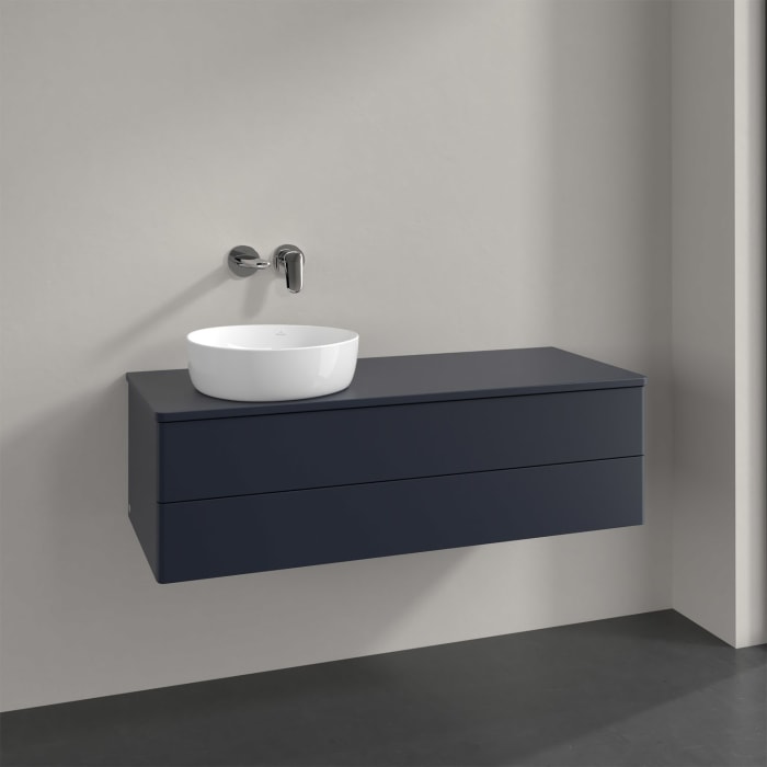Villeroy & Boch Antao Waschbeckenunterschrank, 120 x 36 cm, 2 Auszüge mit LED-Licht, Front ohne Struktur, mit Hahnloch, für Waschtisch links
