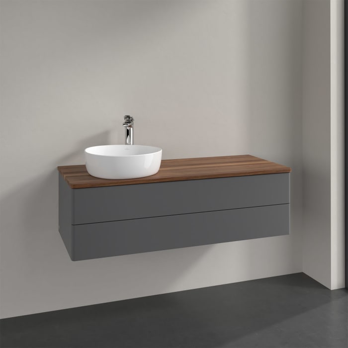 Villeroy & Boch Antao Waschbeckenunterschrank, 120 x 36 cm, 2 Auszüge mit LED-Licht, Front ohne Struktur, mit Hahnloch, für Waschtisch links