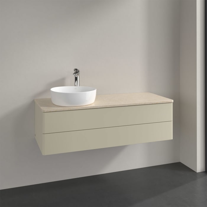 Villeroy & Boch Antao Waschbeckenunterschrank, 120 x 36 cm, 2 Auszüge mit LED-Licht, Front ohne Struktur, mit Hahnloch, für Waschtisch links