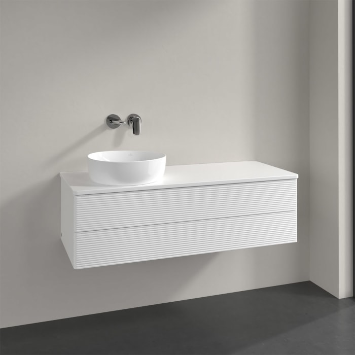 Villeroy & Boch Antao Waschbeckenunterschrank, 120 x 36 cm, 2 Auszüge mit LED-Licht, Front mit Struktur, ohne Hahnloch, für Waschtisch links