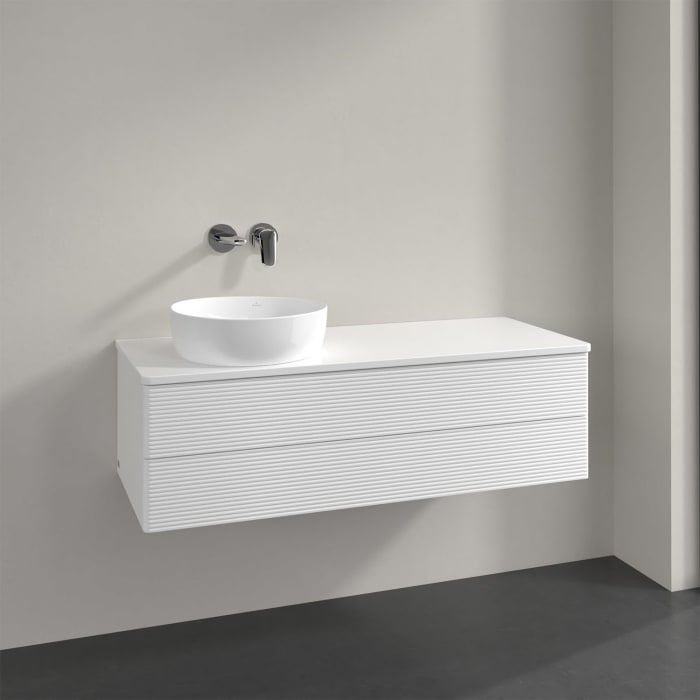 Villeroy & Boch Antao Waschbeckenunterschrank, 120 x 36 cm, 2 Auszüge mit LED-Licht, Front mit Struktur, mit Hahnloch, für Waschtisch links