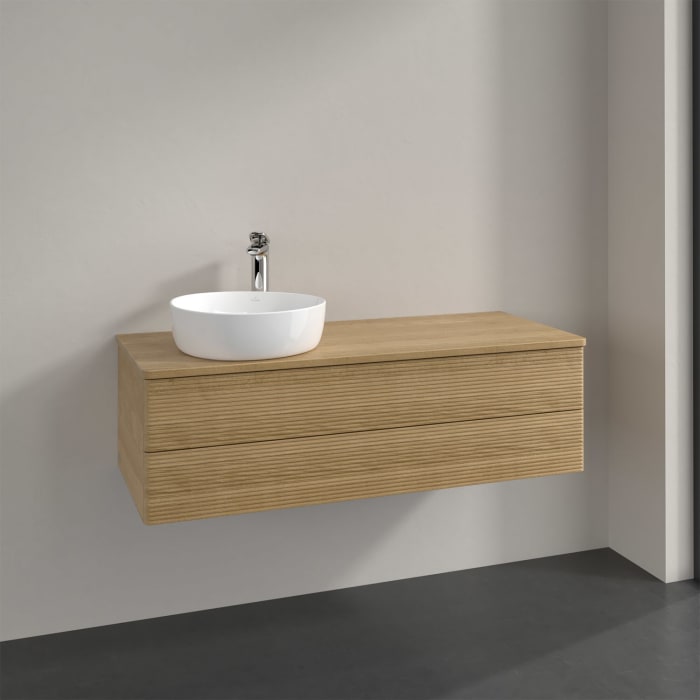 Villeroy & Boch Antao Waschbeckenunterschrank, 120 x 36 cm, 2 Auszüge mit LED-Licht, Front mit Struktur, mit Hahnloch, für Waschtisch links