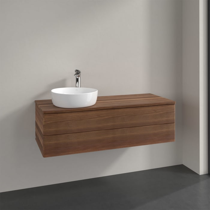 Villeroy & Boch Antao Waschbeckenunterschrank, 120 x 36 cm, 2 Auszüge mit LED-Licht, Front mit Struktur, mit Hahnloch, für Waschtisch links