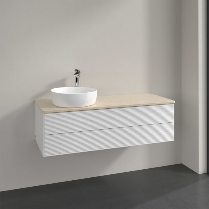 Villeroy & Boch Antao Waschbeckenunterschrank, 120 x 36 cm, 2 Auszüge mit LED-Licht, Front mit Struktur, mit Hahnloch, für Waschtisch links