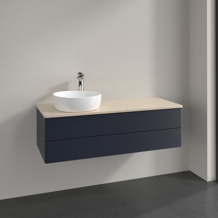 Villeroy & Boch Antao Waschbeckenunterschrank, 120 x 36 cm, 2 Auszüge mit LED-Licht, Front mit Struktur, mit Hahnloch, für Waschtisch links
