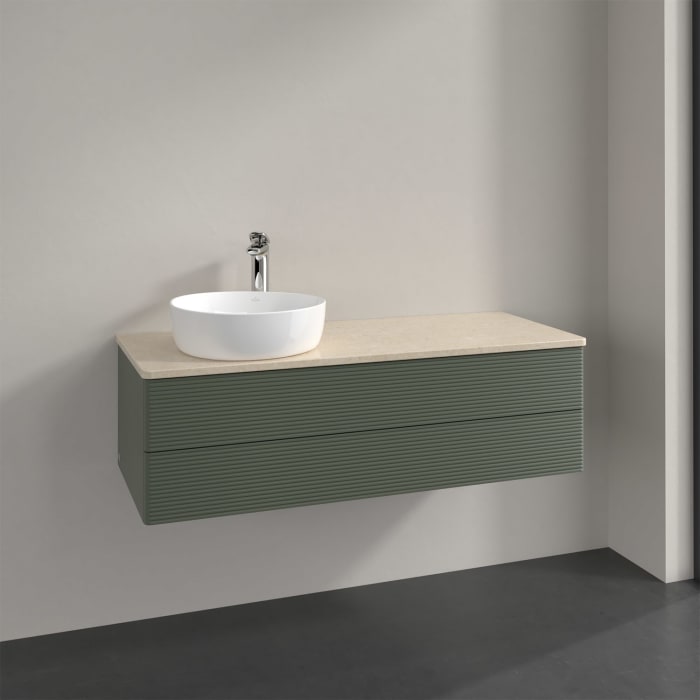 Villeroy & Boch Antao Waschbeckenunterschrank, 120 x 36 cm, 2 Auszüge mit LED-Licht, Front mit Struktur, mit Hahnloch, für Waschtisch links