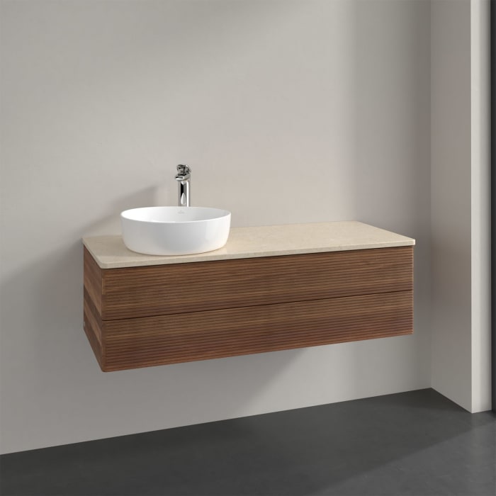 Villeroy & Boch Antao Waschbeckenunterschrank, 120 x 36 cm, 2 Auszüge mit LED-Licht, Front mit Struktur, mit Hahnloch, für Waschtisch links