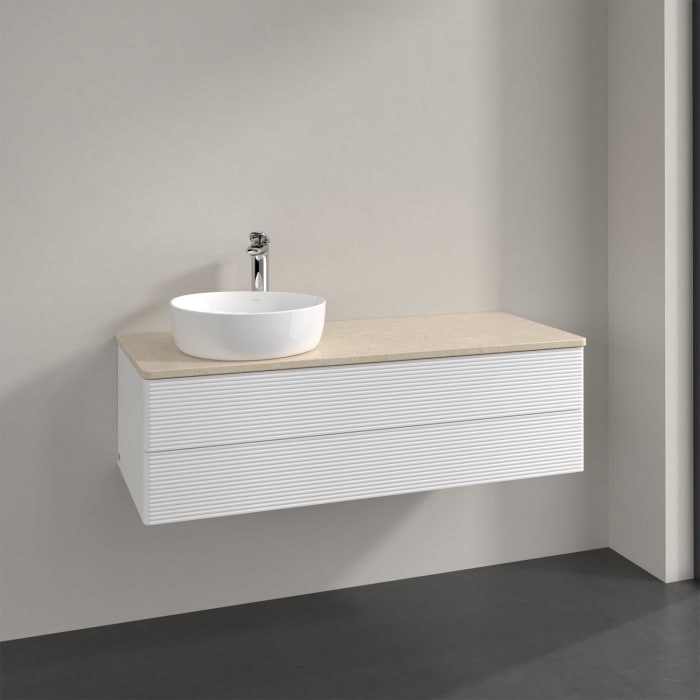 Villeroy & Boch Antao Waschbeckenunterschrank, 120 x 36 cm, 2 Auszüge mit LED-Licht, Front mit Struktur, mit Hahnloch, für Waschtisch links