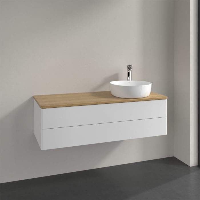 Villeroy & Boch Antao Waschbeckenunterschrank, 120 x 36 cm, 2 Auszüge mit LED-Licht, Front ohne Struktur, mit Hahnloch, für Waschtisch rechts