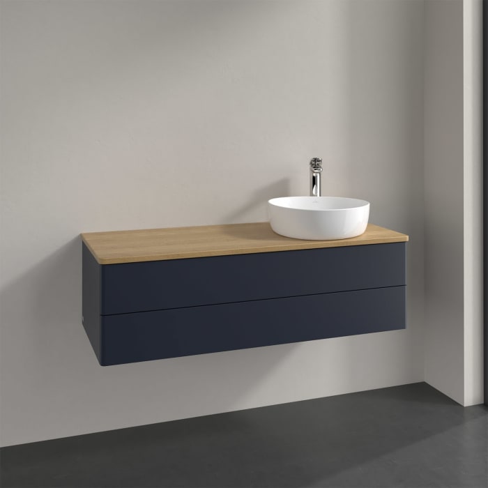 Villeroy & Boch Antao Waschbeckenunterschrank, 120 x 36 cm, 2 Auszüge mit LED-Licht, Front ohne Struktur, mit Hahnloch, für Waschtisch rechts