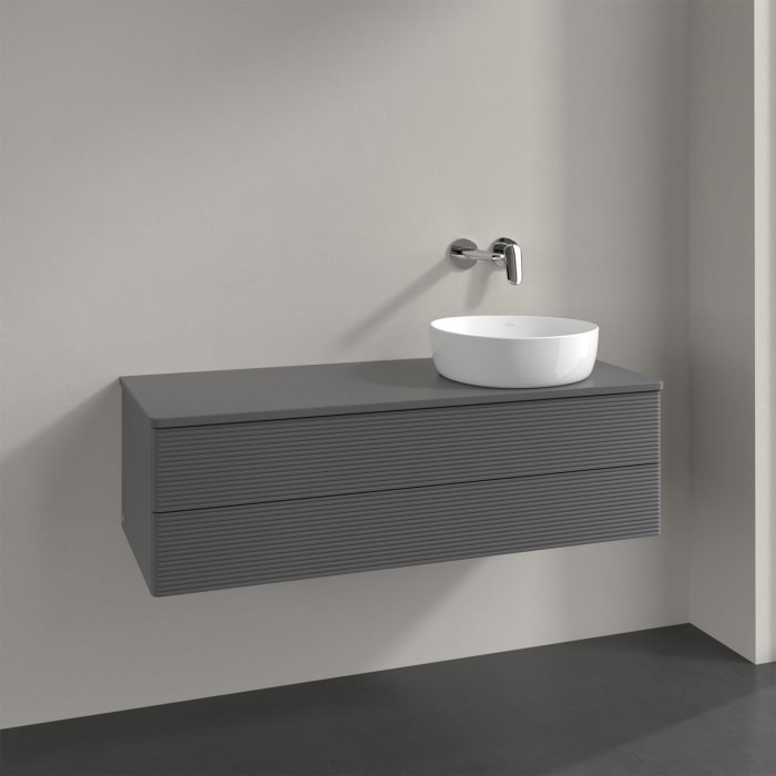 Villeroy & Boch Antao Waschbeckenunterschrank, 120 x 36 cm, 2 Auszüge mit LED-Licht, Front mit Struktur, ohne Hahnloch, für Waschtisch rechts