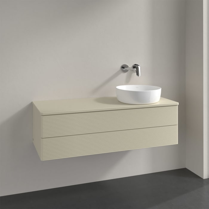Villeroy & Boch Antao Waschbeckenunterschrank, 120 x 36 cm, 2 Auszüge mit LED-Licht, Front mit Struktur, ohne Hahnloch, für Waschtisch rechts