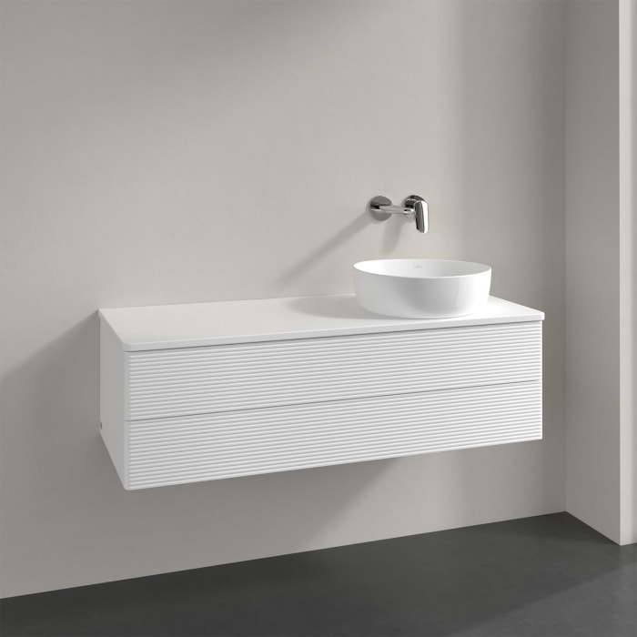 Villeroy & Boch Antao Waschbeckenunterschrank, 120 x 36 cm, 2 Auszüge mit LED-Licht, Front mit Struktur, ohne Hahnloch, für Waschtisch rechts