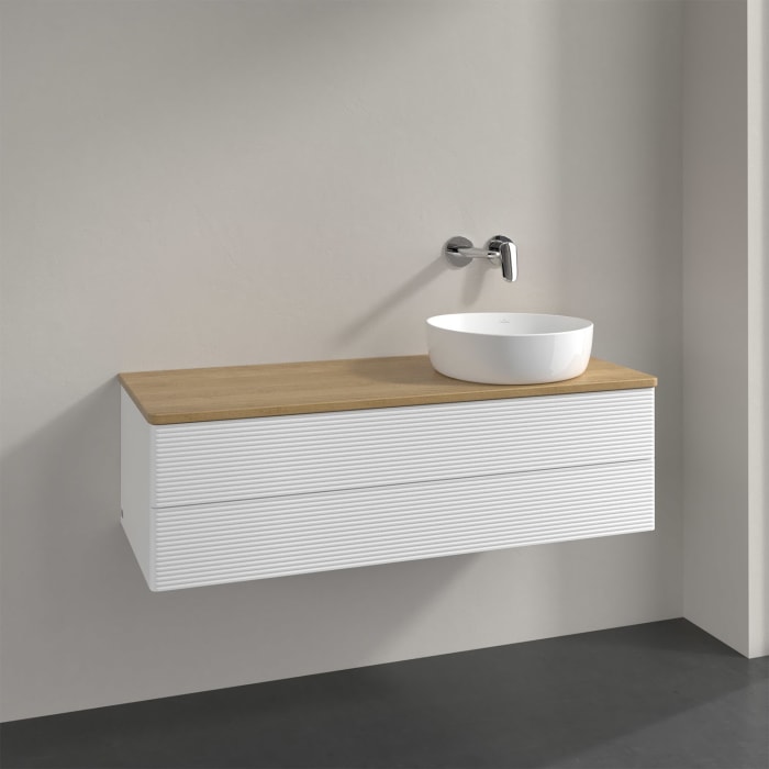 Villeroy & Boch Antao Waschbeckenunterschrank, 120 x 36 cm, 2 Auszüge mit LED-Licht, Front mit Struktur, ohne Hahnloch, für Waschtisch rechts