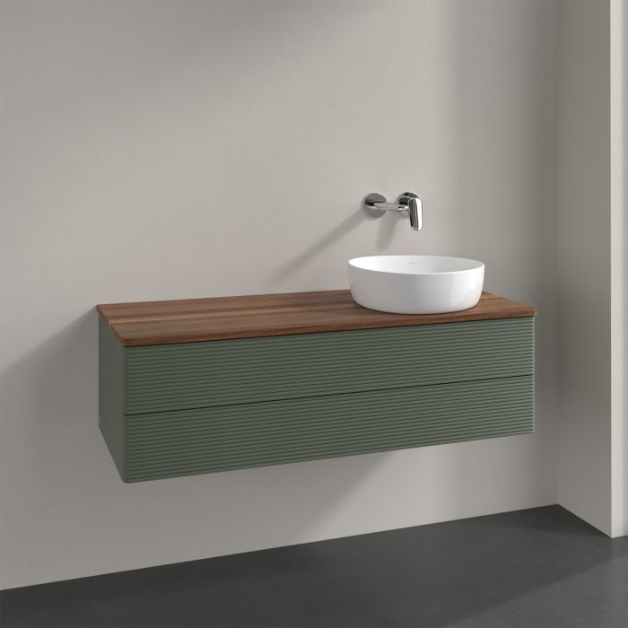 Villeroy & Boch Antao Waschbeckenunterschrank, 120 x 36 cm, 2 Auszüge mit LED-Licht, Front mit Struktur, ohne Hahnloch, für Waschtisch rechts