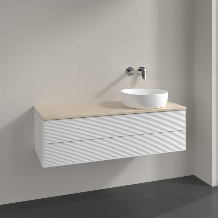 Villeroy & Boch Antao Waschbeckenunterschrank, 120 x 36 cm, 2 Auszüge mit LED-Licht, Front mit Struktur, ohne Hahnloch, für Waschtisch rechts