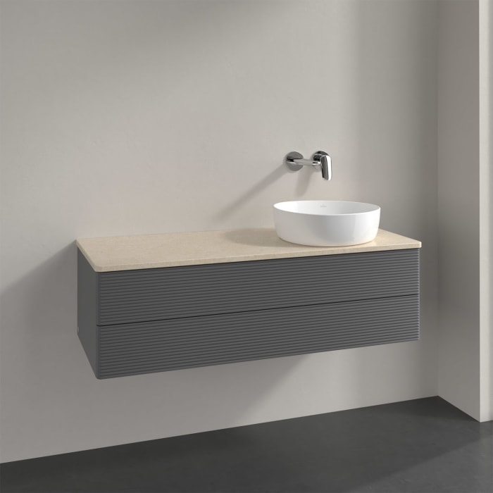 Villeroy & Boch Antao Waschbeckenunterschrank, 120 x 36 cm, 2 Auszüge mit LED-Licht, Front mit Struktur, ohne Hahnloch, für Waschtisch rechts