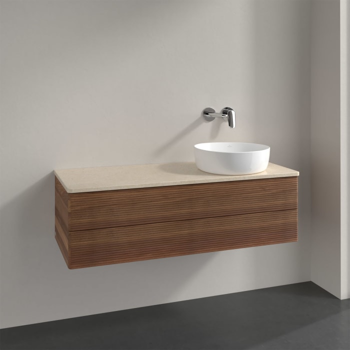Villeroy & Boch Antao Waschbeckenunterschrank, 120 x 36 cm, 2 Auszüge mit LED-Licht, Front mit Struktur, ohne Hahnloch, für Waschtisch rechts